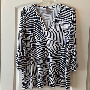 Chico's Navy and White Abstract Stripe Blouse